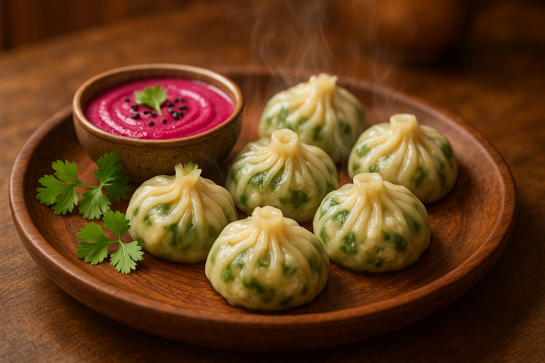 Paneer & Spinach Momos with Beetroot Dip